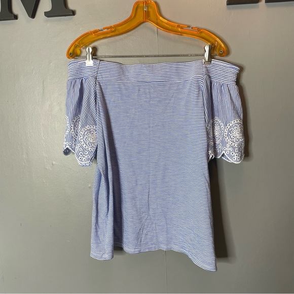 Loft Blue Striped Off-Shoulder Top with lace detail size medium - Picture 6 of 6